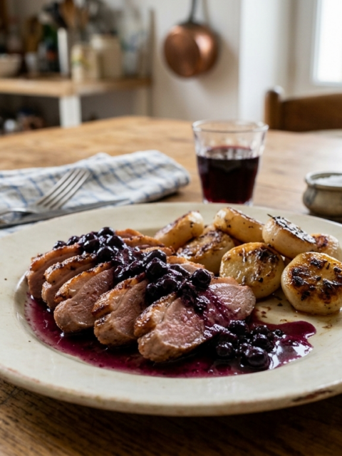 Aiguillettes de canard sauce myrtille