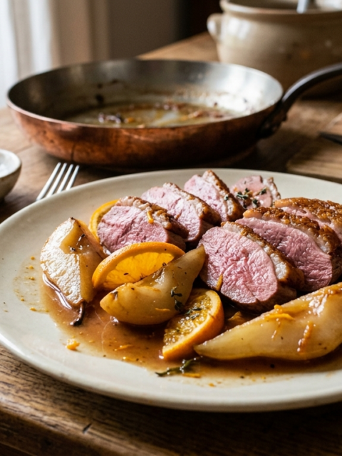 Magrets de canard aux poires et à l'orange