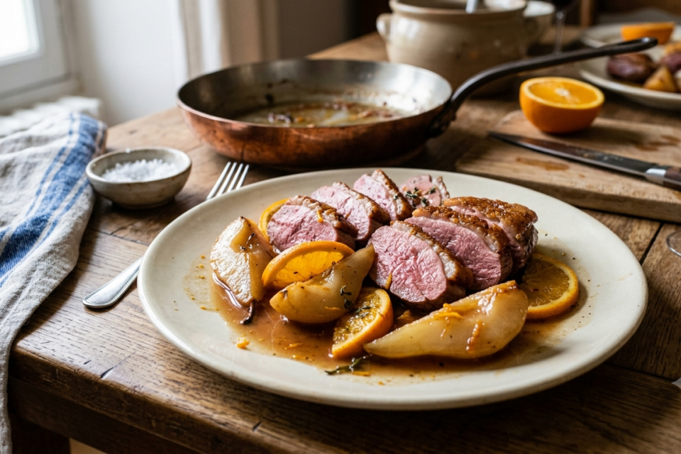 Magrets de canard aux poires et à l'orange